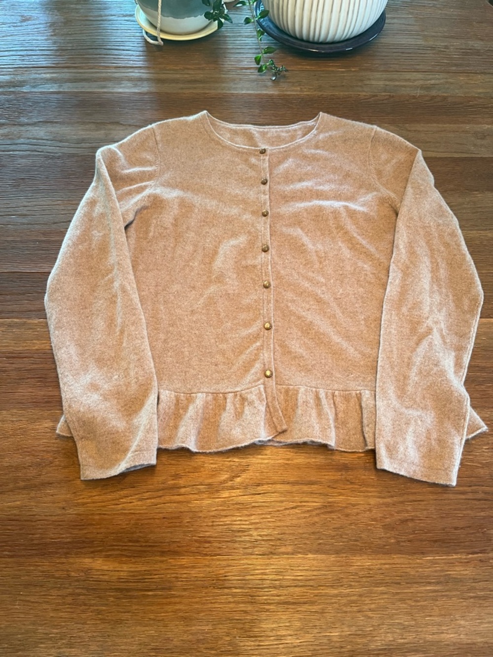 Garnet Hill Cozy Ruffle-Hem Cashmere Cardigan in Light Taupe